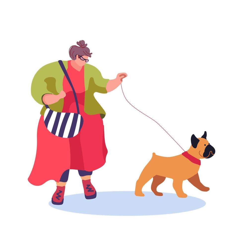 dik modieus vrouw met Frans buldog. huisdier vriendelijk. karakter meisje wandelen met een hond. levensstijl en zelf aanvaarding. vector