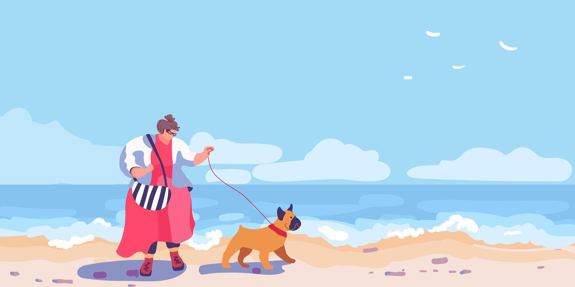 dik vrouw in rood met een bulldog zijn wandelen Aan de kust. strand tafereel Aan zee vakantie toevlucht. vector