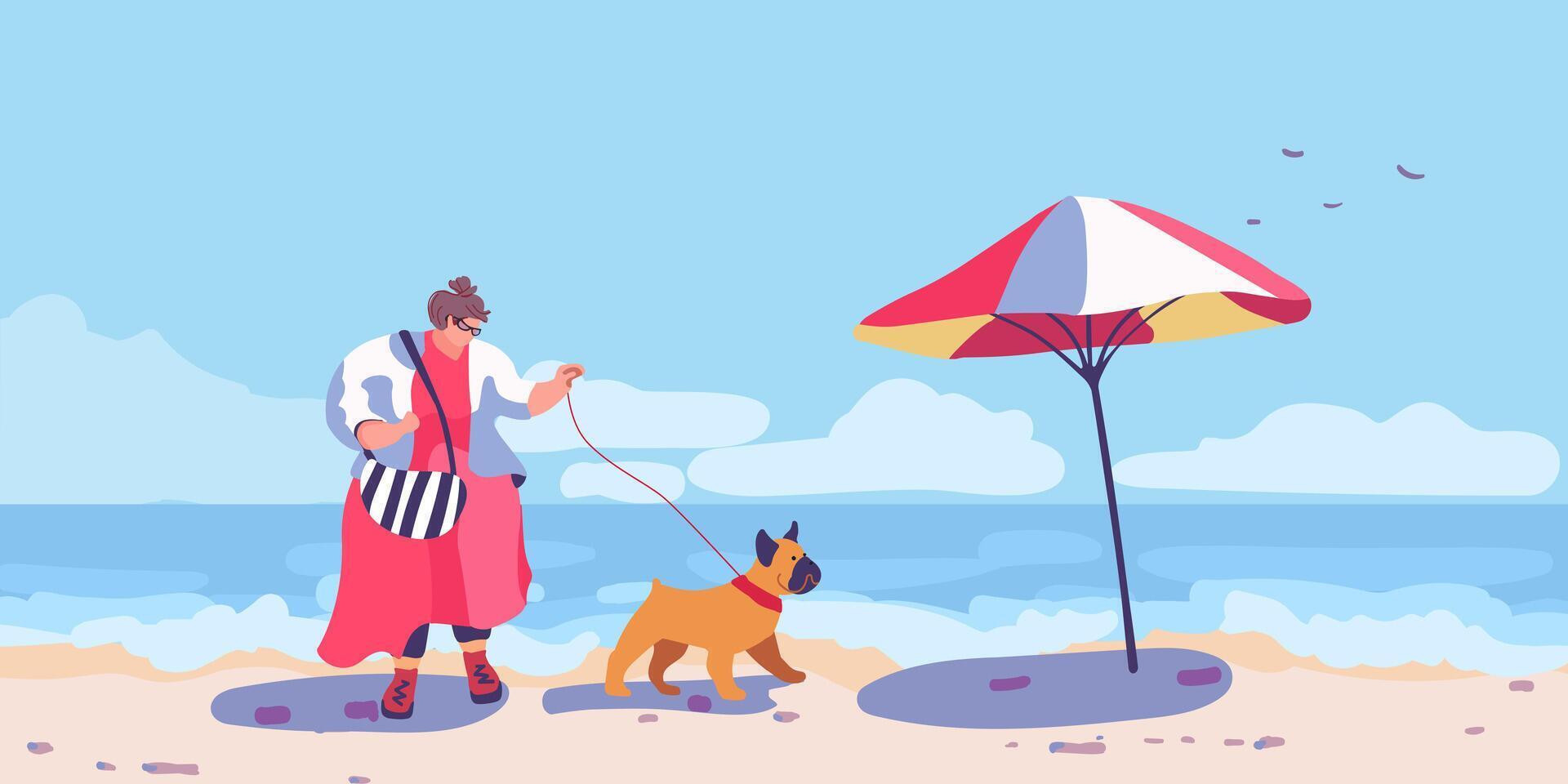 dik vrouw in rood met een bulldog zijn wandelen Aan de kust. strand tafereel Aan zee vakantie toevlucht. vector