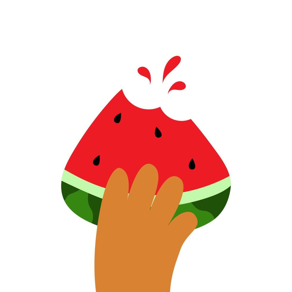 een hand- houdt een plak van zomer watermeloen, met een beet vector