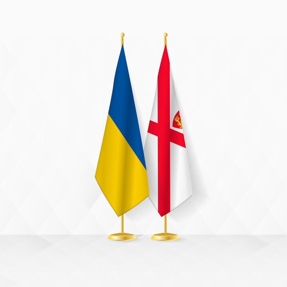 Oekraïne en Jersey vlaggen Aan vlag stellage, illustratie voor diplomatie en andere vergadering tussen Oekraïne en Jersey. vector