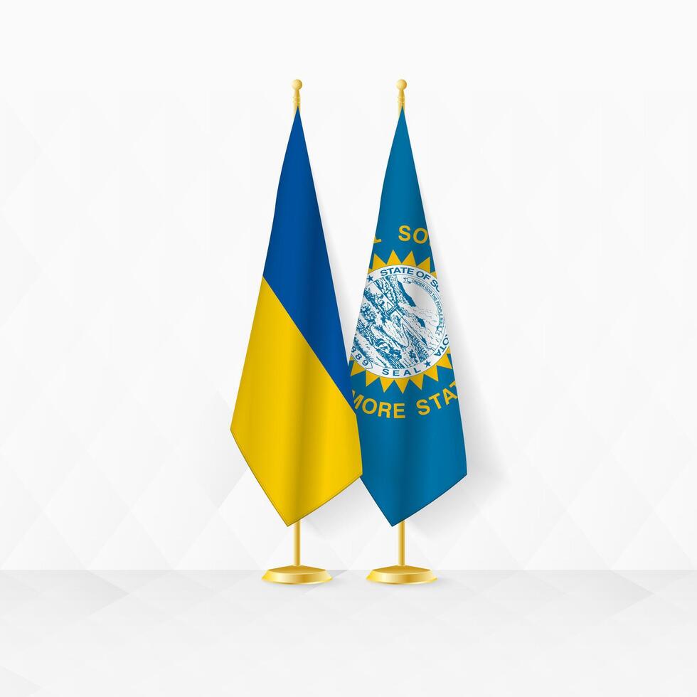 Oekraïne en zuiden dakota vlaggen Aan vlag stellage, illustratie voor diplomatie en andere vergadering tussen Oekraïne en zuiden dakota. vector