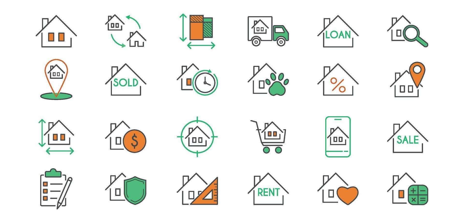 echt landgoed lijn pictogrammen set. uitverkoop, huur, in beweging, verhuur, vrachtwagen, eigendom, eigendom, hypotheek, verzekering, plan, met huisdieren vector illustratie in oranje en groente. bewerkbare slagen.