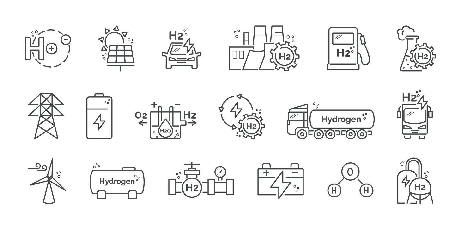 groen waterstof energie lijn icoon set. productie en opslagruimte van waterstof brandstof. tank van h2. zonne- paneel, windmolen, accu, stroom, vervoer, generator, atoom vector illustratie. bewerkbare slag