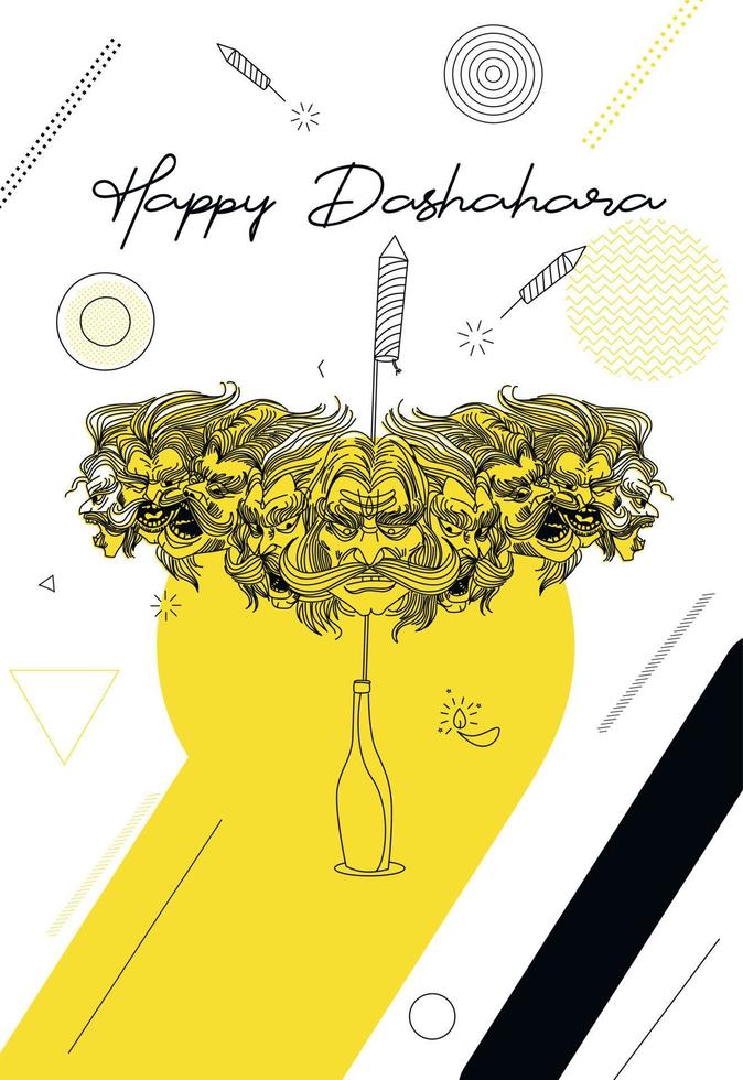 abstracte raket vuurwerk in een pot met ravana tien hoofden met tekst happy dussehra - poster banner vector design.