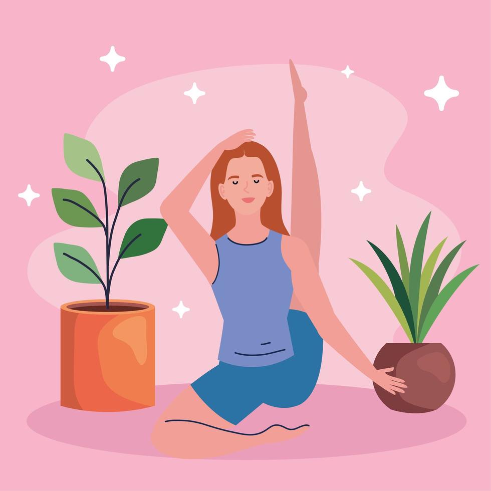 vrouw doet yoga met planten vector