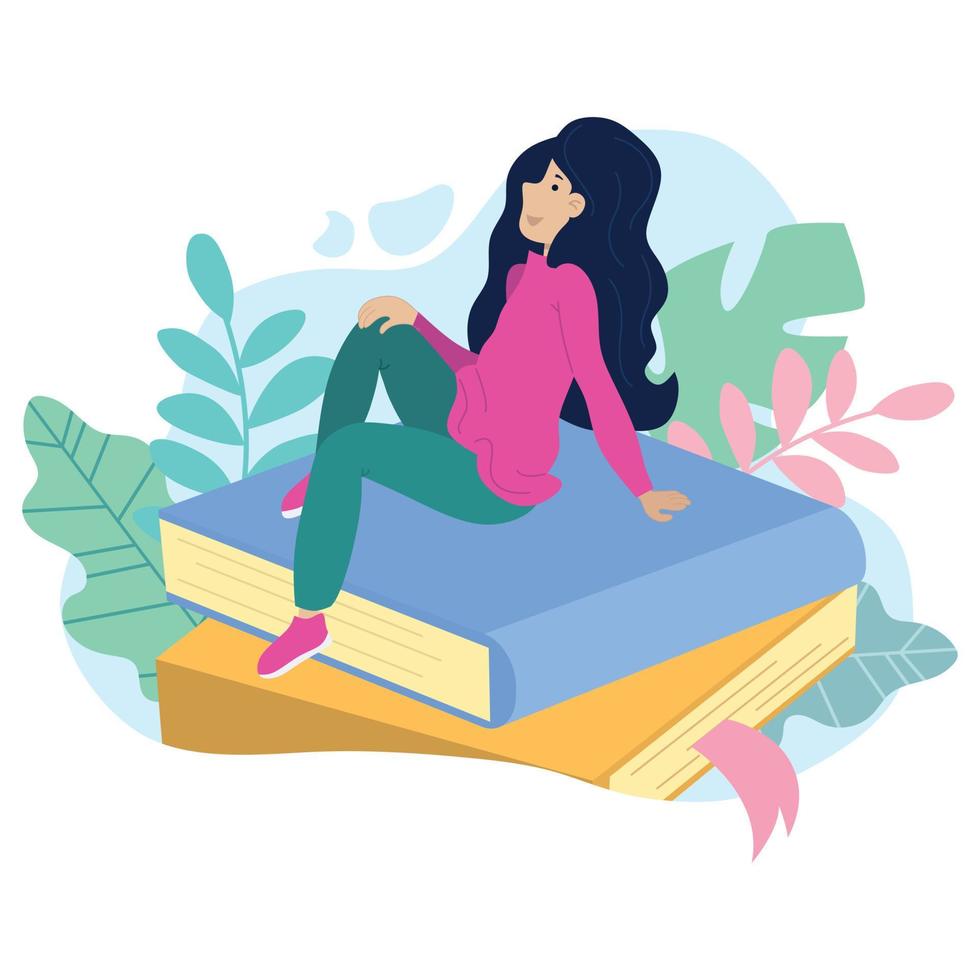 vectorillustratie van een dromend jong meisje zittend op een stapel boeken vector
