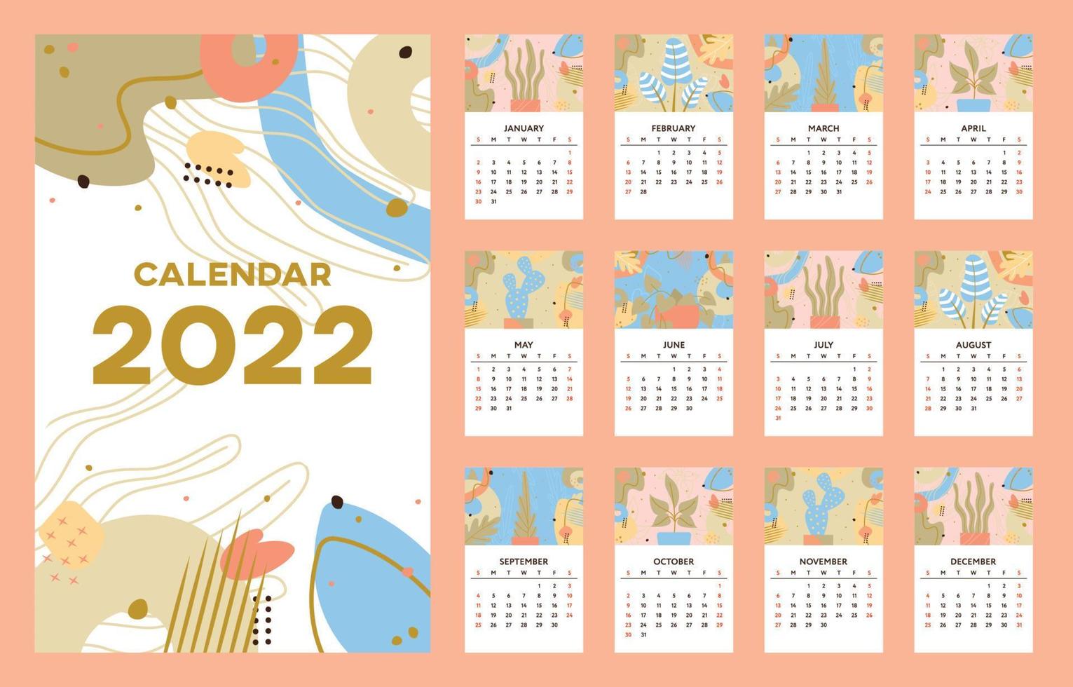 Kalendersjabloon voor 2022 in botanisch thema vector
