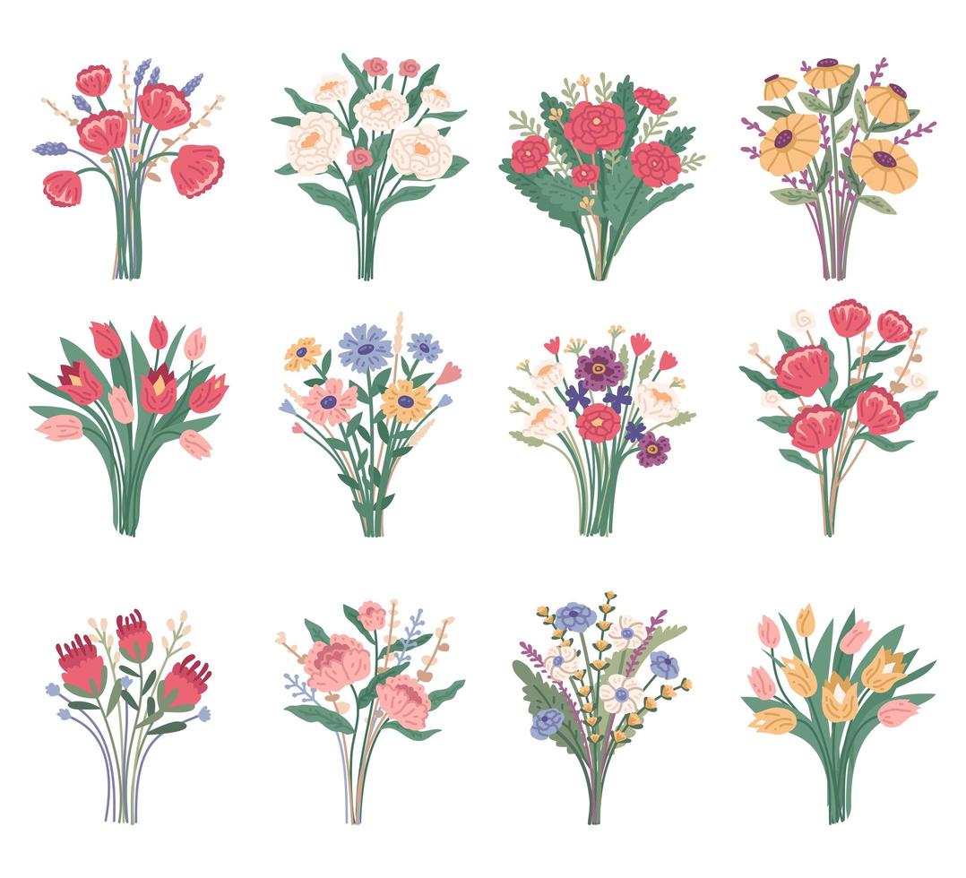 Bloemen boeket. set van heldere lente bloeiende bloemen, wilde bloemen vector