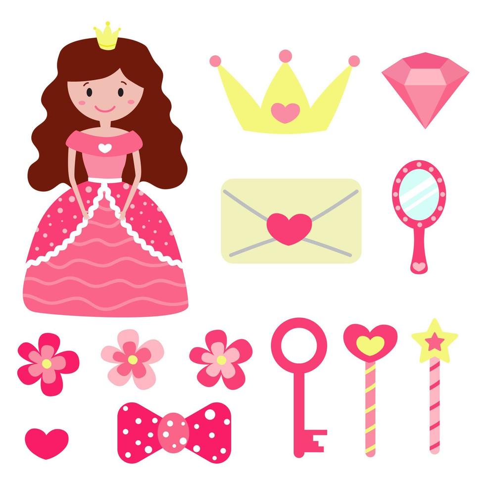 vlot viering schending set van schattige cartoon prinses in mooie roze jurk en haar accessoires.  toverstaf, sleutel, liefdesbrief, diamant, kroon, spiegel en andere dingen.  illustratie voor wenskaarten, kleding, poster 4225474 Vectorkunst bij  Vecteezy