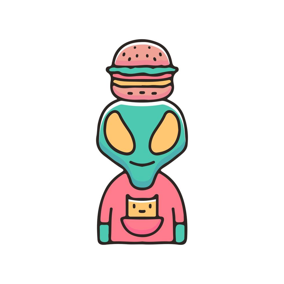 cool alien met hamburger op hoofdillustratie. vectorafbeeldingen voor t-shirtafdrukken en ander gebruik. vector