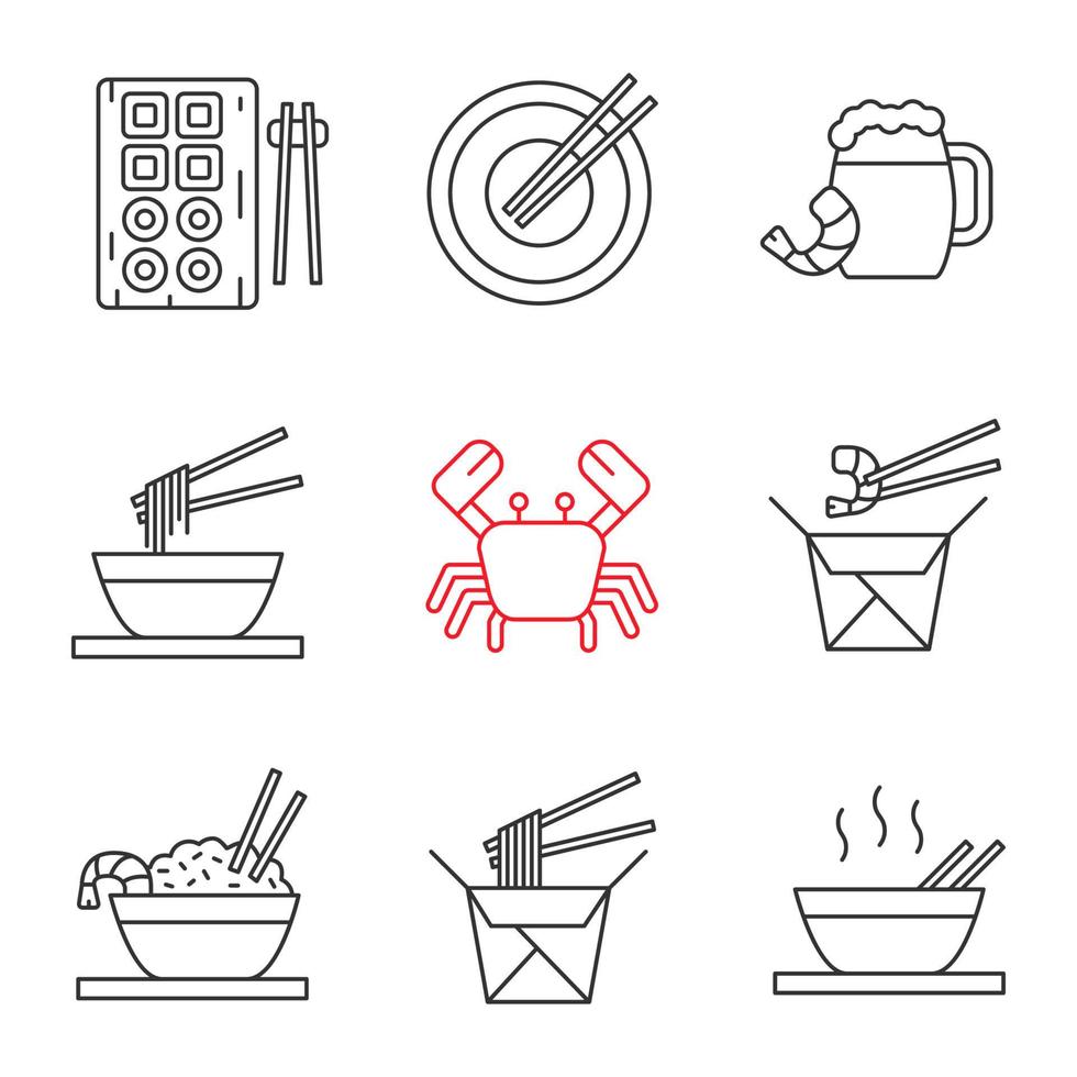 Chinees eten lineaire pictogrammen instellen. sushi, noedels, ramen, gebakken rijst met eetstokjes van zeevruchten, bier, krab. dunne lijn contour symbolen. geïsoleerde vectoroverzichtsillustraties vector