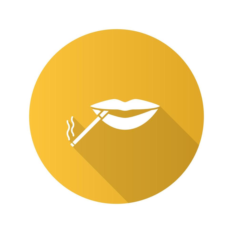 sigaret in mond platte ontwerp lange schaduw glyph pictogram. roken positief concept. vector silhouet illustratie