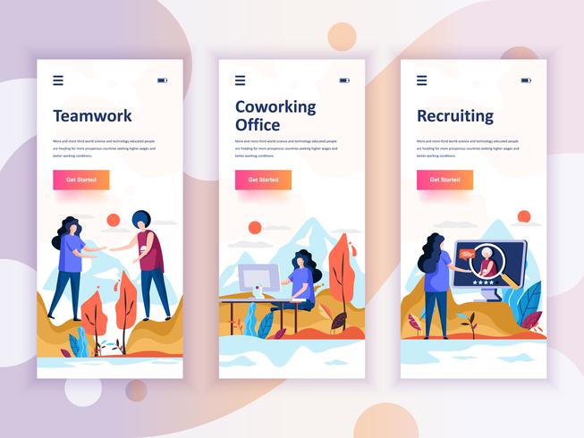 Set van onboarding schermen gebruikersinterfacekit voor Teamwork, Coworking Office, Werving, mobiele app sjablonen concept. Modern UX, UI-scherm voor mobiele of responsieve website. Vector illustratie.