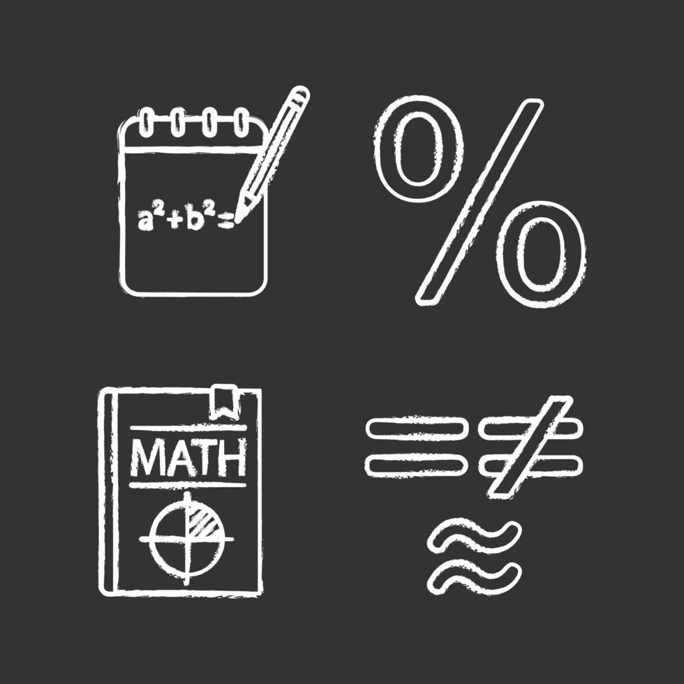 wiskunde krijt pictogrammen instellen. ruw ontwerp, procent, leerboek, wiskundige symbolen. geïsoleerde vector schoolbord illustraties