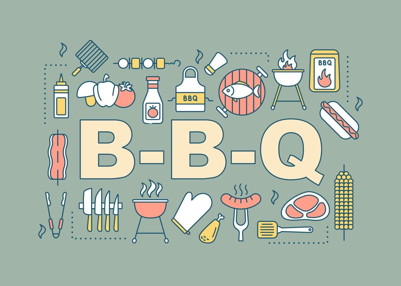 bbq woord concepten banner. barbecue. buiten eten bereiden. geïsoleerde belettering typografie idee met lineaire pictogrammen. vector overzicht illustratie