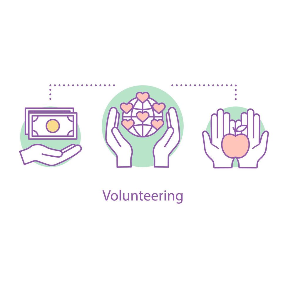 vrijwilligerswerk concept icoon. internationale liefdadigheid. bijdrage. fondsenwerving idee dunne lijn illustratie. liefdadigheidsinstelling. vector geïsoleerde overzichtstekening