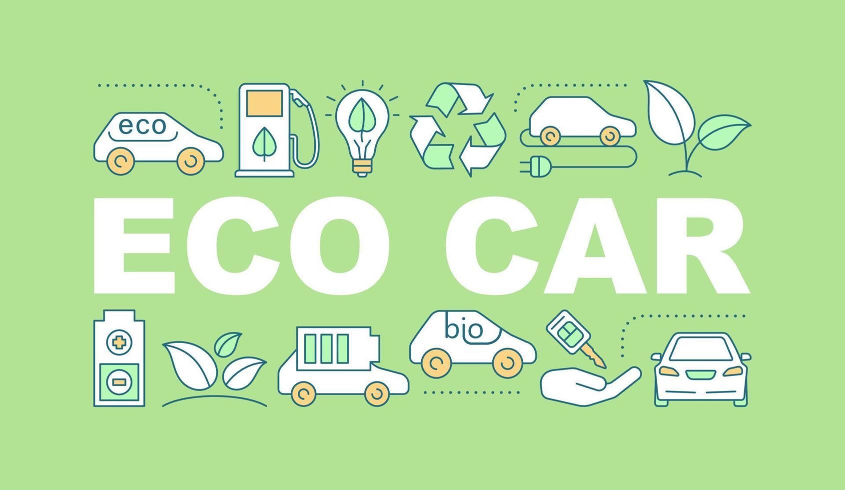 eco auto woord concepten banner. geen voertuig. elektrische auto. geïsoleerde belettering typografie idee met lineaire pictogrammen. milieuvriendelijk vervoer. vector overzicht illustratie