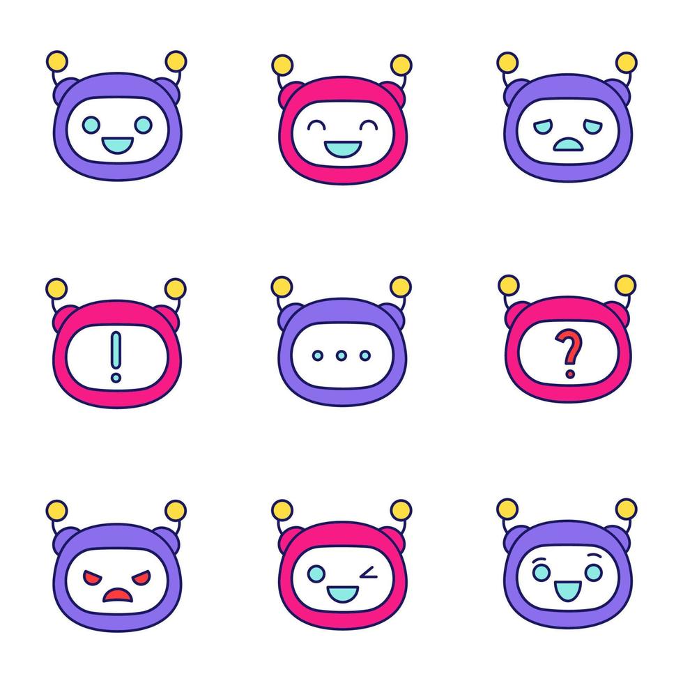 robot emojis gekleurde pictogrammen instellen. chatbot-emoticons. chatbot-smileys. kunstmatige intelligentie. virtuele assistent. kunstmatige conversatie-entiteit. geïsoleerde vectorillustraties vector