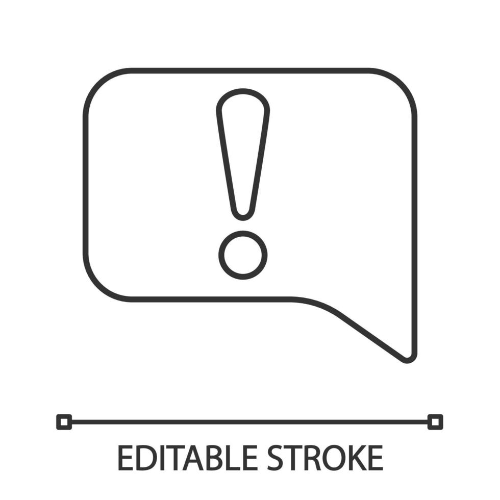 aankondiging lineaire pictogram. kennisgeving. dunne lijn illustratie. tekstballon met uitroepteken. systeemfoutmelding. contour symbool. vector geïsoleerde overzichtstekening. bewerkbare streek