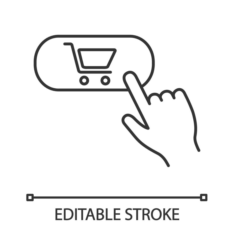 lineaire knoppictogram kopen. dunne lijn illustratie. Voeg toe aan winkelkar. online winkelen. digitale aankoop. contour symbool. vector geïsoleerde overzichtstekening. bewerkbare streek