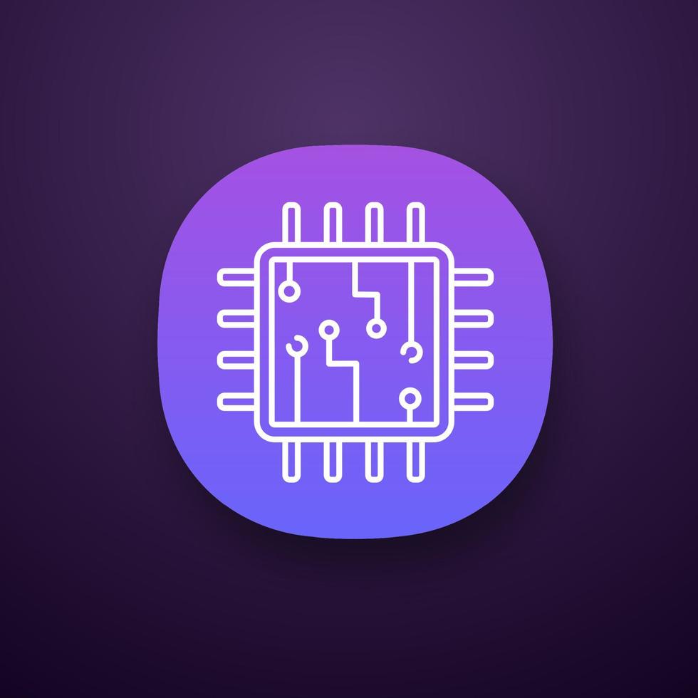 computerchip app-pictogram. ui ux-gebruikersinterface. verwerker. geheugenkaart. centrale verwerkingseenheid. kunstmatige intelligentie. web- of mobiele applicatie. vector geïsoleerde illustratie