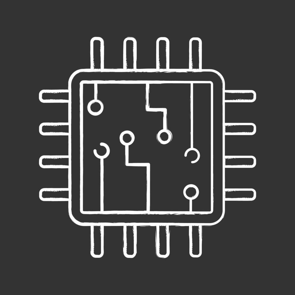 computerchip krijt pictogram. verwerker. geheugenkaart. centrale verwerkingseenheid. kunstmatige intelligentie. geïsoleerde vector schoolbordillustratie