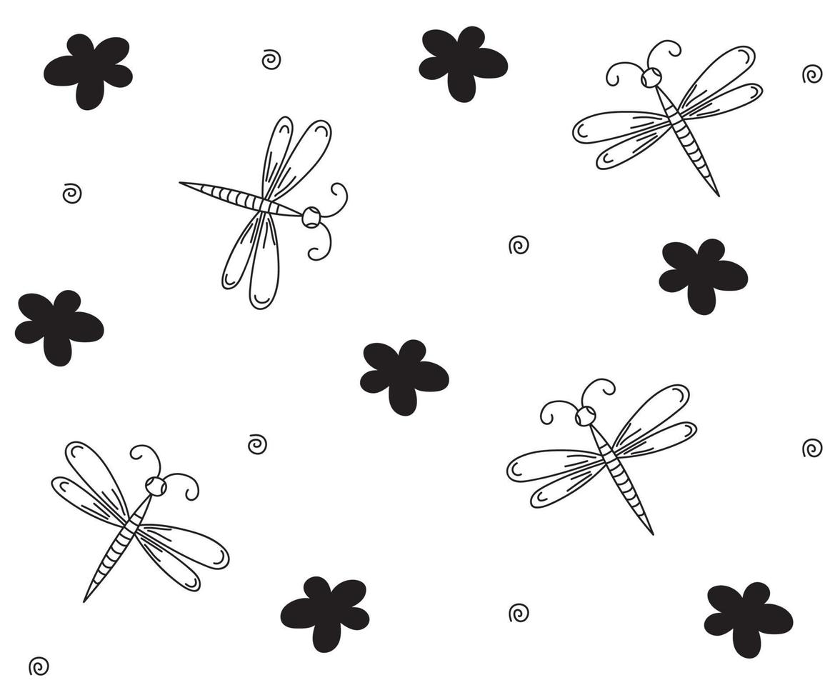 naadloze doodle zwart-wit patroon met libellen en bloemen vector