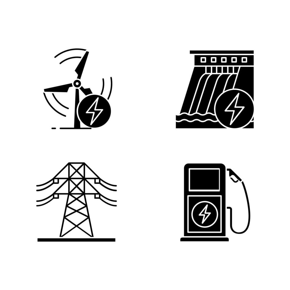 elektrische energie industrie glyph pictogrammen instellen. hoogspanningslijn, wind- en waterenergie, laadstation voor elektrische voertuigen. silhouet symbolen. vector geïsoleerde illustratie