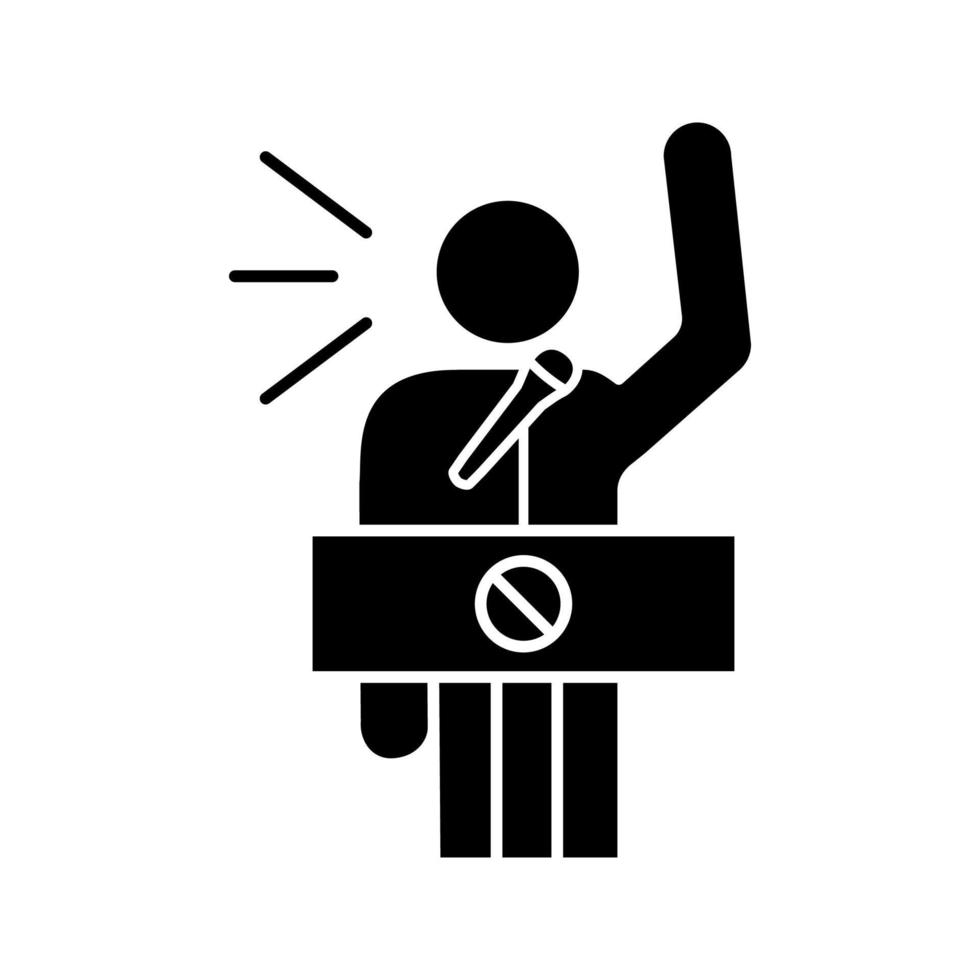 protesteerder toespraak glyph pictogram. politiek protest. deelnemer aan een politieke of sociale beweging. protestleider. persoon die slogans schreeuwt. silhouet symbool. negatieve ruimte. vector geïsoleerde illustratie