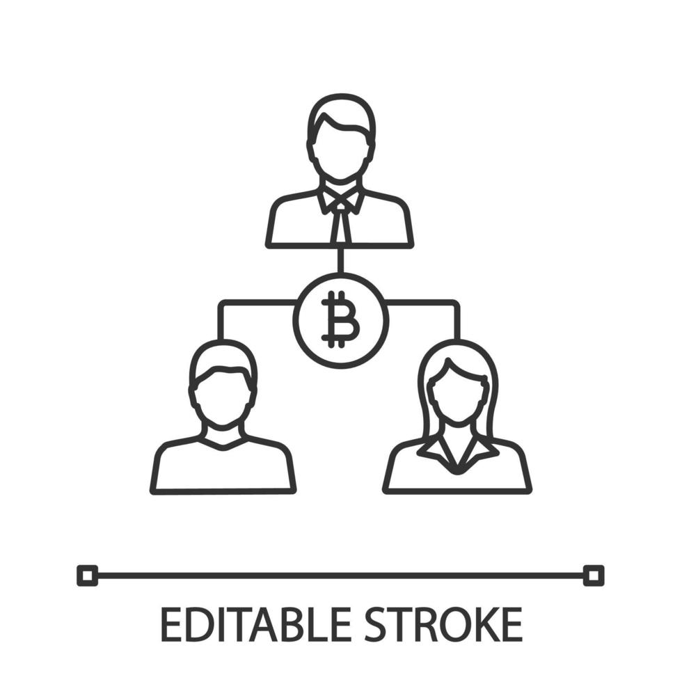 bitcoin transacties lineaire pictogram. bankieren. dunne lijn illustratie. financiële operaties. investeerders. terugbetaling. financiële samenwerking. naamloze vennootschap. vector geïsoleerde tekening. bewerkbare streek