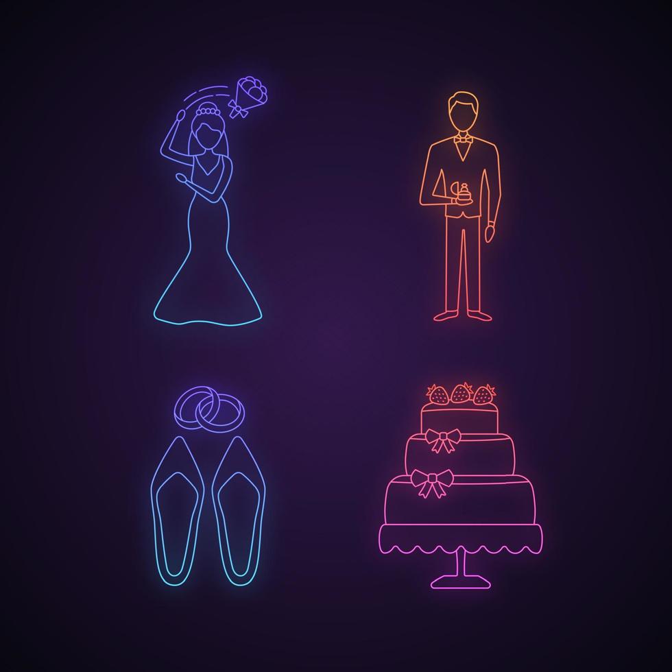 bruiloft planning neonlicht pictogrammen instellen. bruidegom gooien boeket, bruidegom, bruiloft accessoires, verlovingstaart. gloeiende borden. geïsoleerde vectorillustraties vector