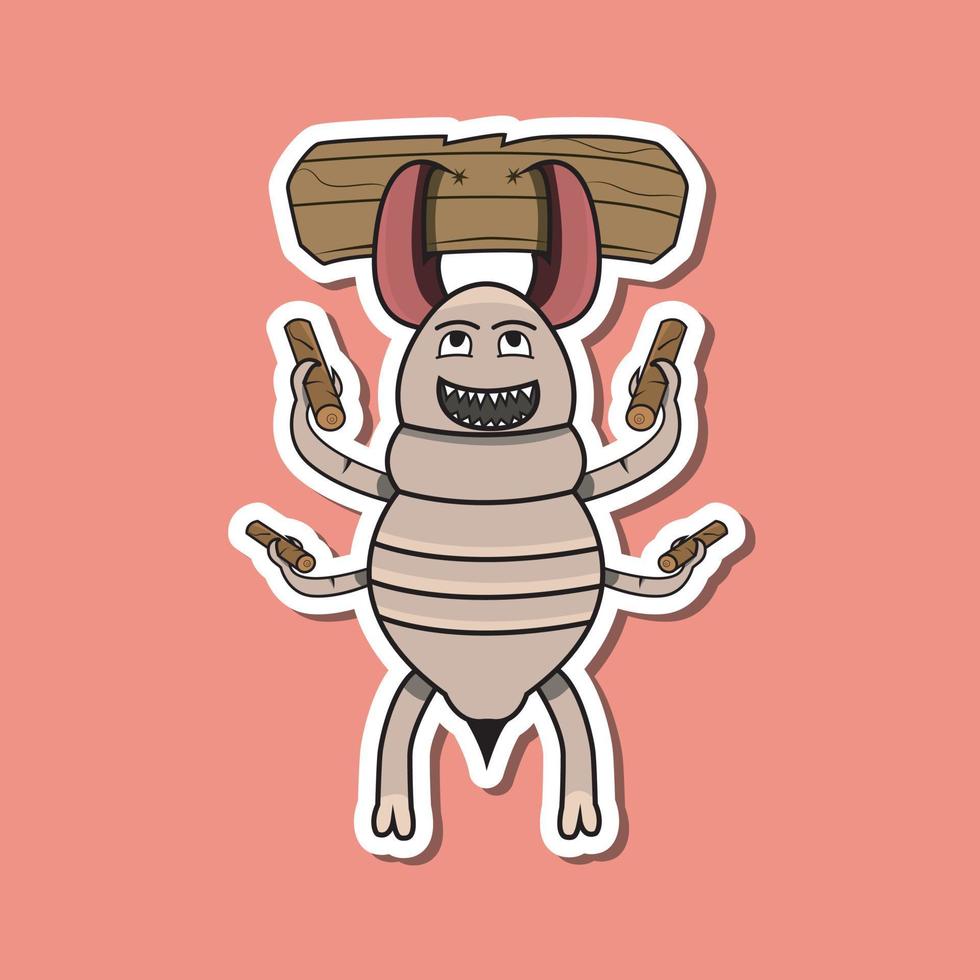 schattige insectensticker met gulzige termietencartoon brengt hout. roze achtergrond. vector