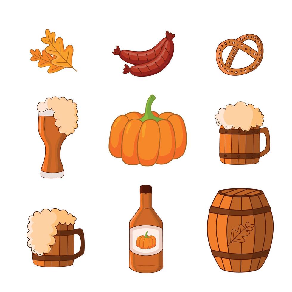 een reeks van elementen voor een herfst vakantie. pompoen ale, worstjes, krakeling, pompoen, bladeren. vector