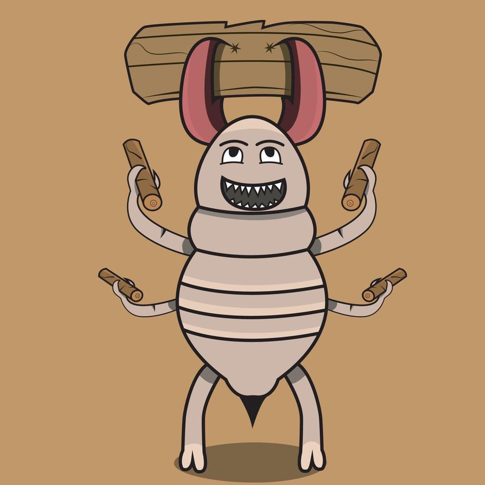 mascotte termiet houdt van hout en vrolijke uitdrukking op bruine achtergrond. vector