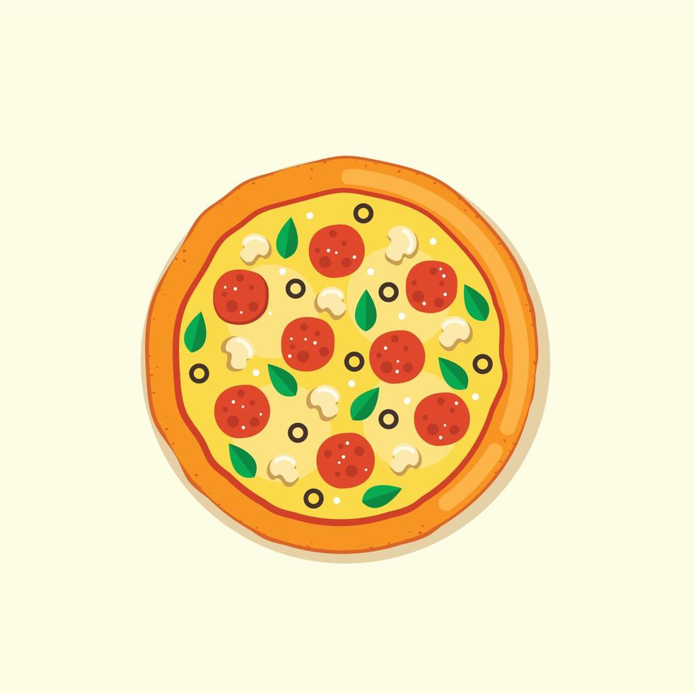 pizza met salami, olijven en champignons. vector illustratie