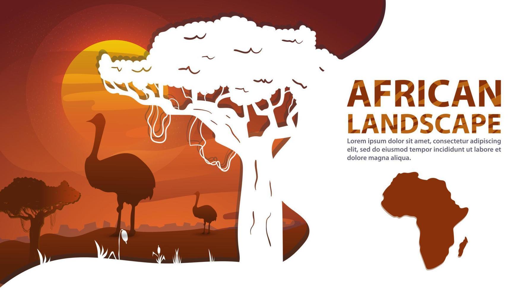 afrikaans landschap in de stijl van gesneden papier voor design vogels struisvogels staan bij een boom tegen de achtergrond van zonsondergang vector