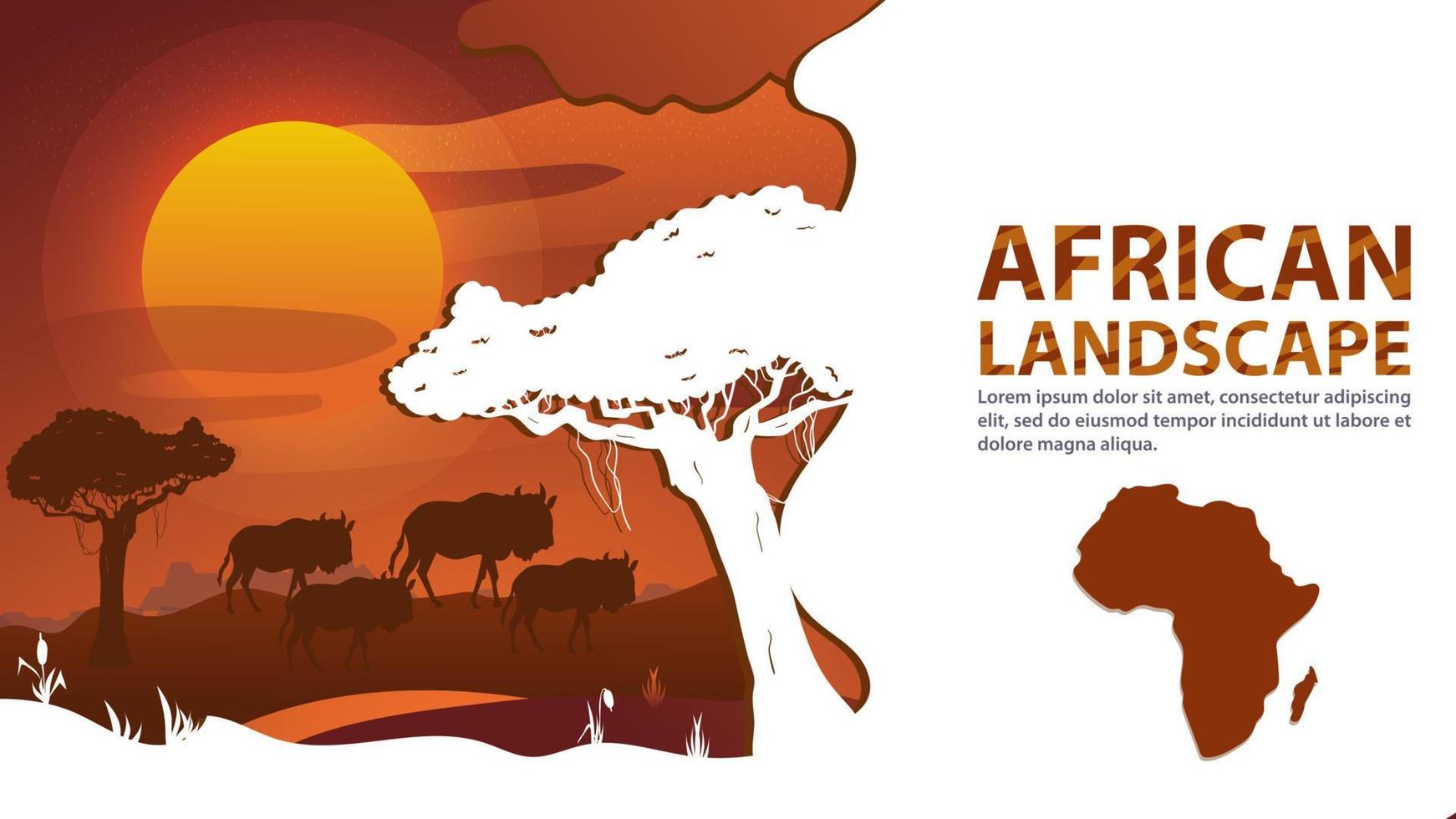 Afrikaans landschap in de stijl van gesneden papier voor ontwerp een kudde antilopen staat tussen de bomen tegen de achtergrond van zonsondergang vector