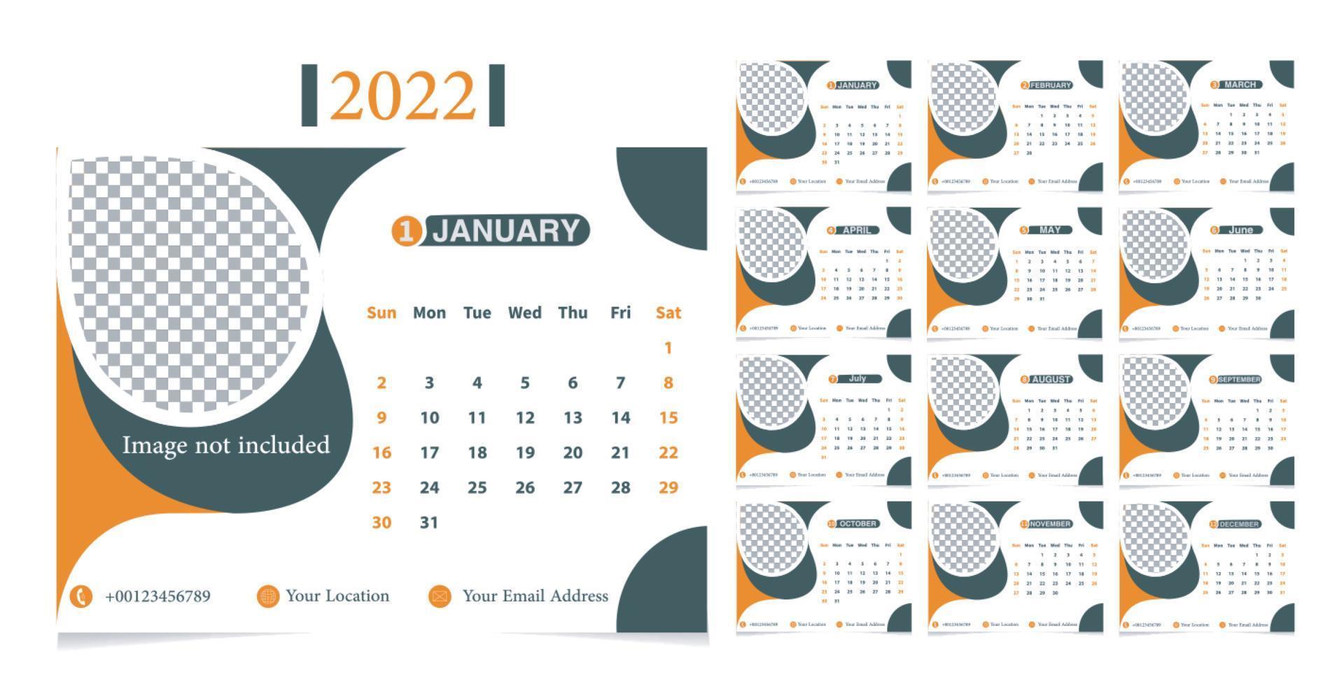 kalendersjabloon voor het jaar 2022. helder ontwerp. een reeks pagina's voor 12 maanden van 2022. vectorillustratie. de week begint op zondag. vector