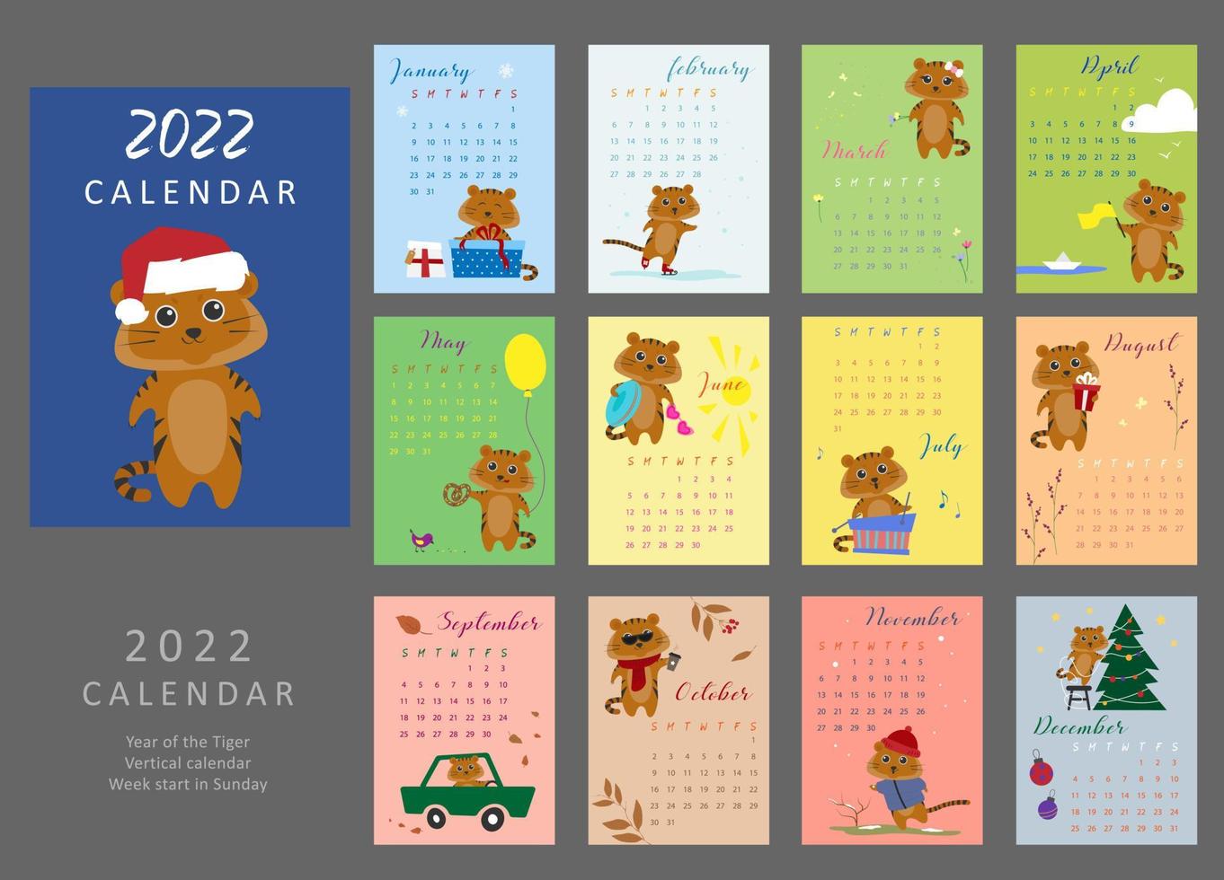 2022 wandkalender met schattige tijgers vector