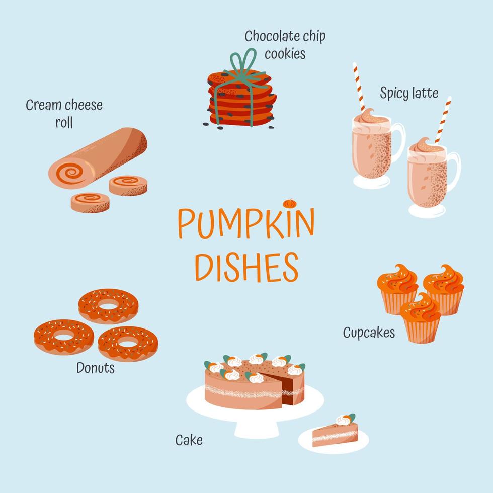 seizoen pompoengerechten set, taart, koekjes met chocolade, pittige koffie latte, cupcakes, cake, donuts, roll. platte vectorillustratie op een blauwe achtergrond vector