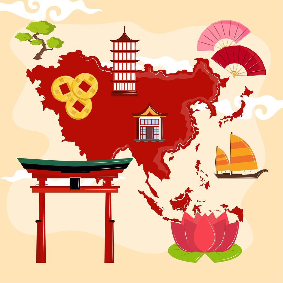 kaart van Azië en culturele iconen vector