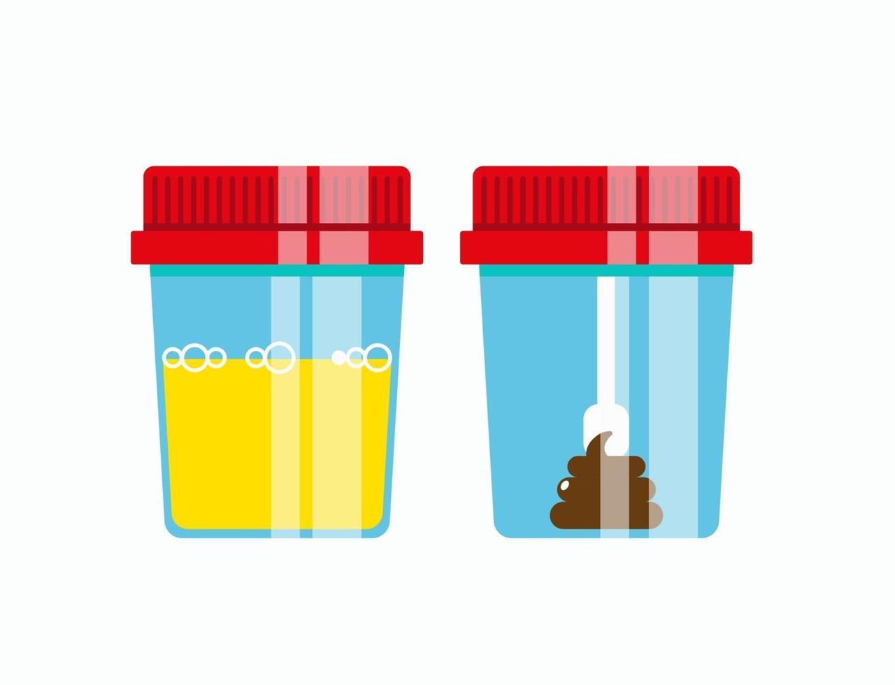 urine- en fecale analyse in plastic potten met gekleurde deksels. laboratorium testen. platte vectorillustratie geïsoleerd op een witte achtergrond. vector