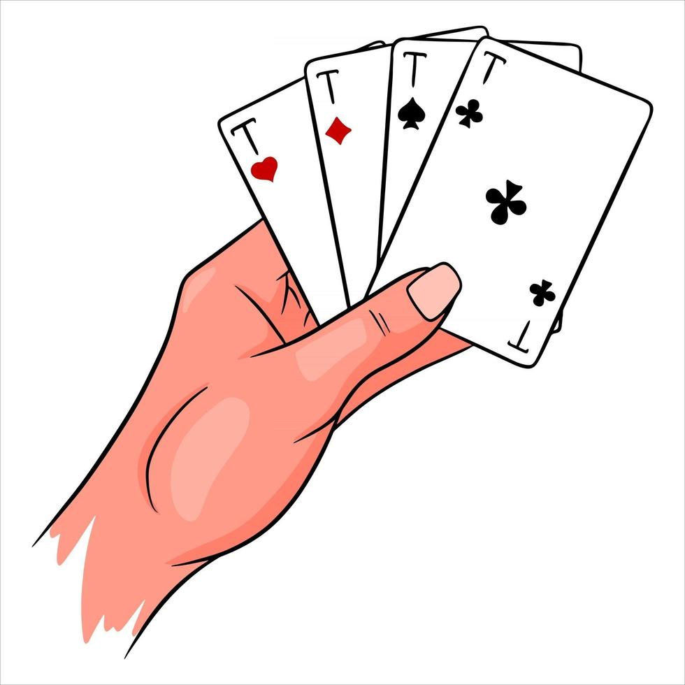 gokken. speelkaarten in de hand. casino, geluk, fortuin. vier azen. vector
