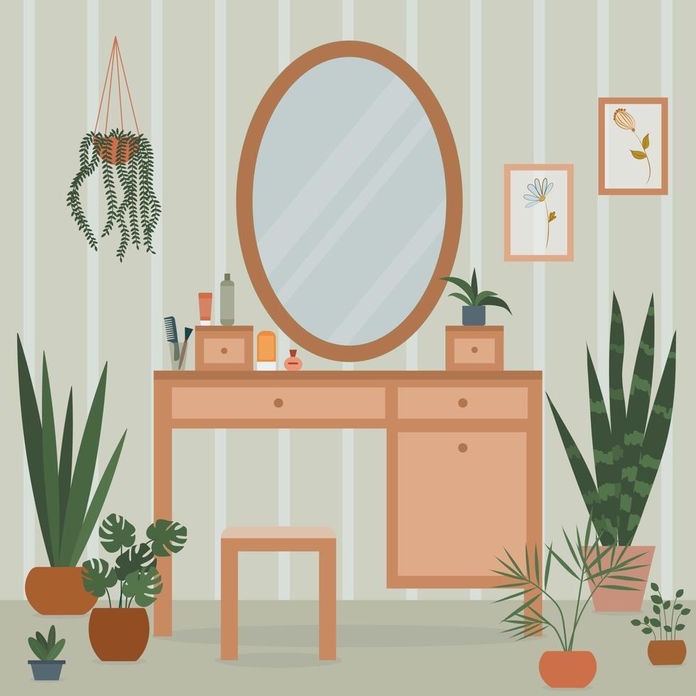 gezellig interieur met kaptafel, grote spiegel, cosmetica, kamerplanten en potplanten. tuinieren, serre. vector