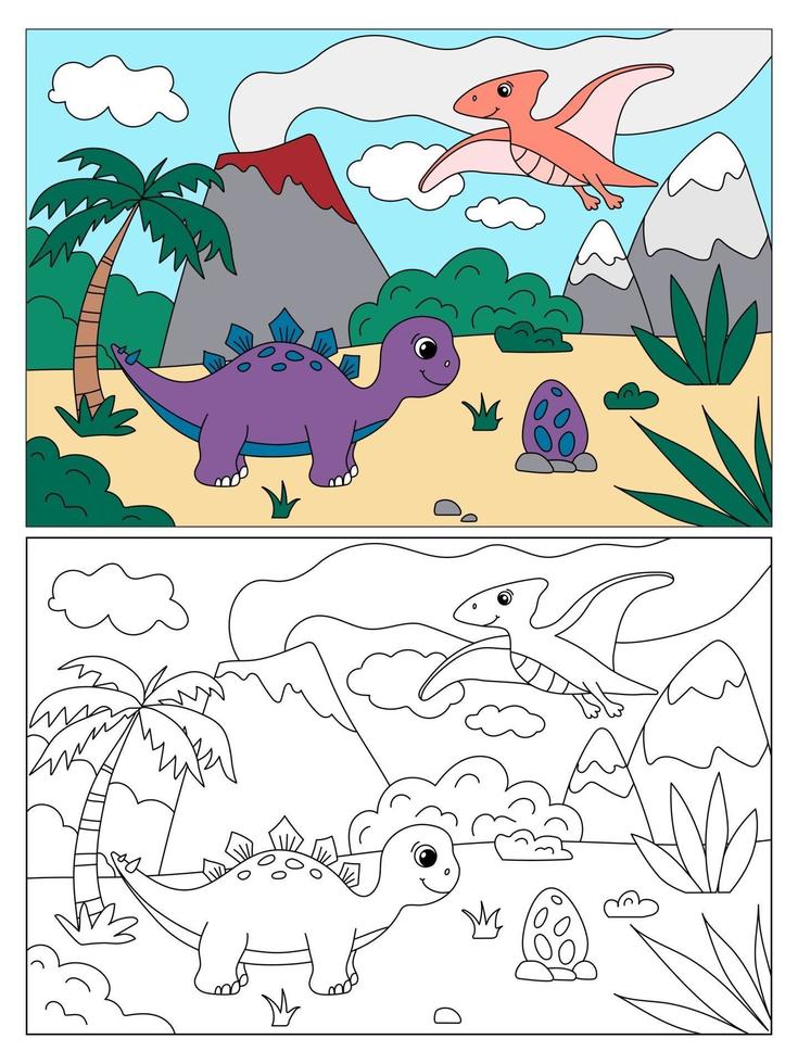 kleurboek voor kinderen met schattige dinosaurussen vector