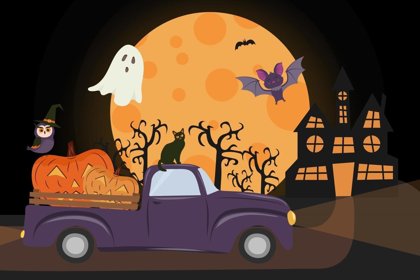 happy halloween truck met pompoenen jack o'lantern, vampier, spook, kat en uil in de hoed van de heks. vector