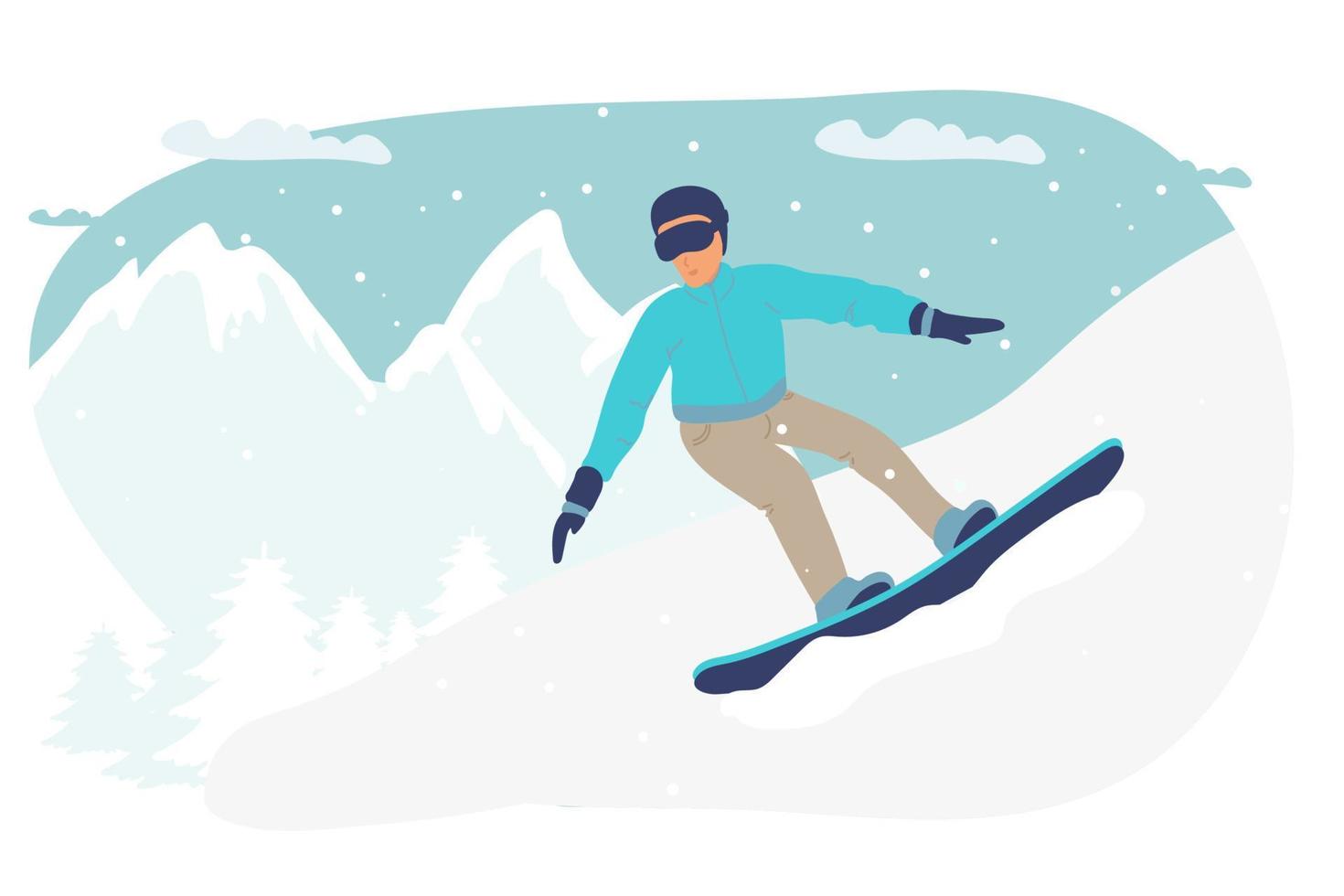 snowboarden. paar snowboarders in de bergen. wintersport en recreatie. snowboard resort met jonge man. platte vector illustratie winterlandschap