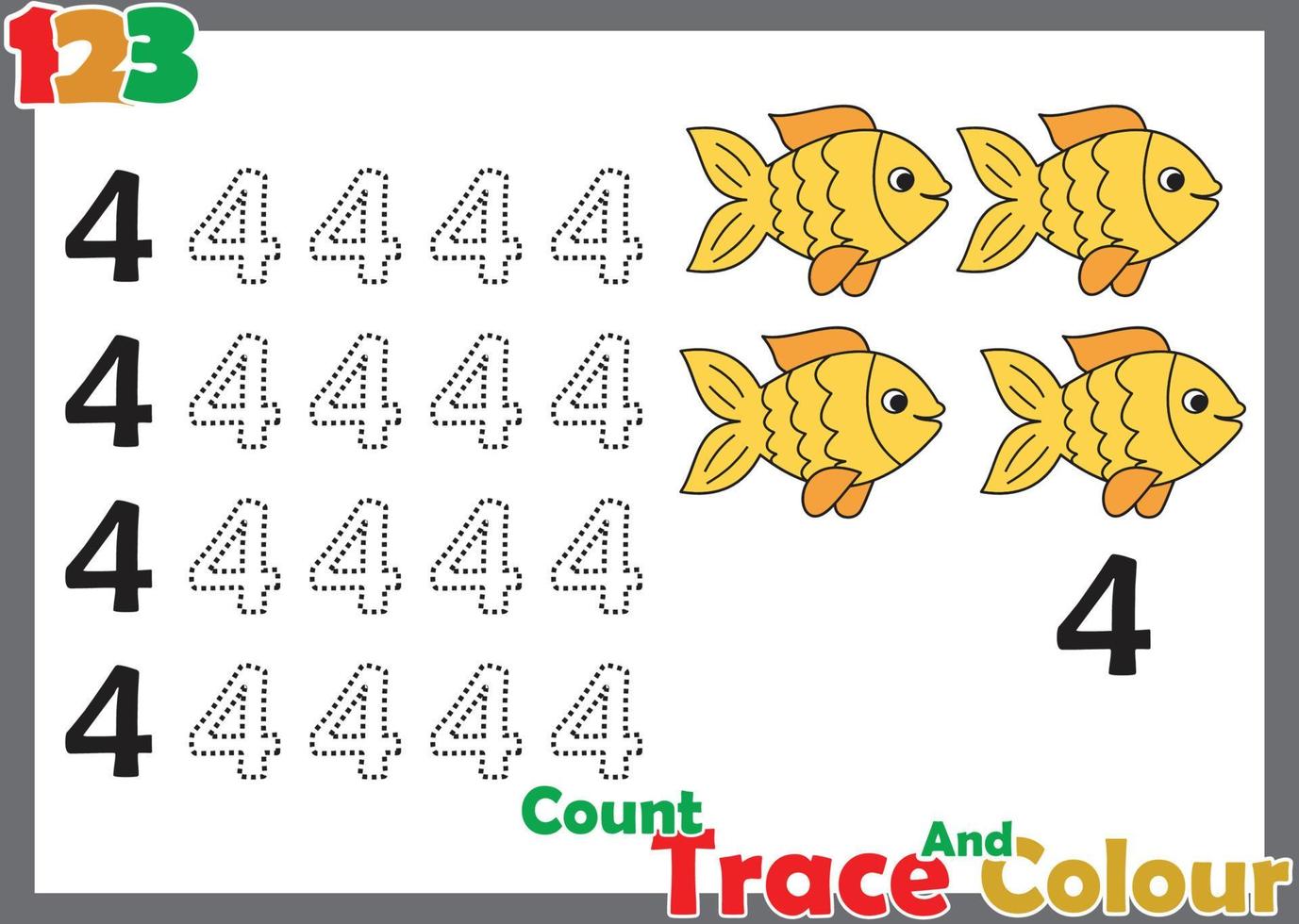 nummer traceren en kleuren met vis voor kinderen vector