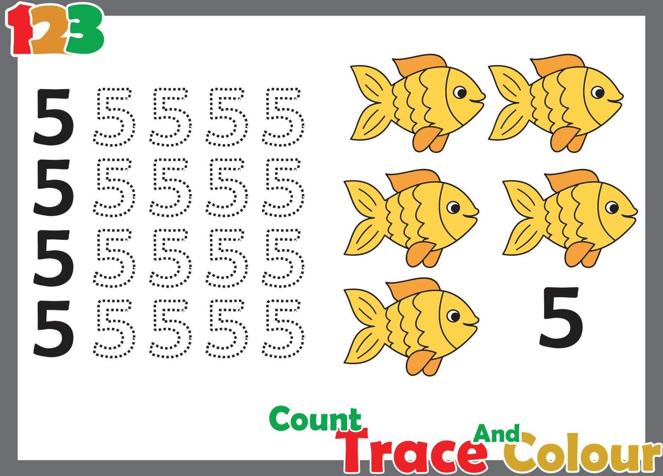 nummer traceren en kleuren met vis voor kinderen vector